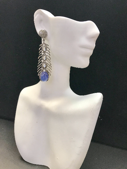 Diamond Art Deco Blue Sapphire & Moonstone Diamond Earring, Pave Diamond Earring,Pave Art Deco Earring, Appx 63 x 16mm