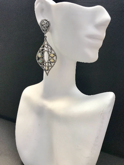 Opal Diamond Earring .925 Oxidized Sterling Silver Diamond Earring, Genuine handmade pave diamond Earring Size 2.48"(23 x 62 MM )