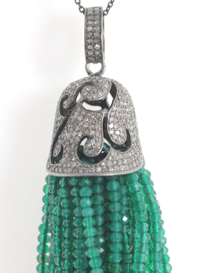 Diamond And Green onyx Tassel Necklace. 925 Oxidized Sterling Silver Diamond Tassel.