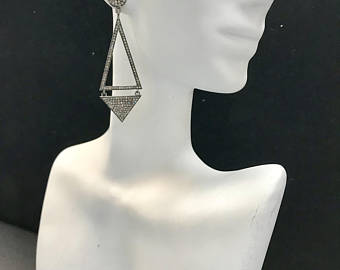 Diamond Art Deco Triangular Diamond Earring, Pave Diamond Earring,Pave Art Deco Earring, Approx 60 x 17mm. Sterling Silver