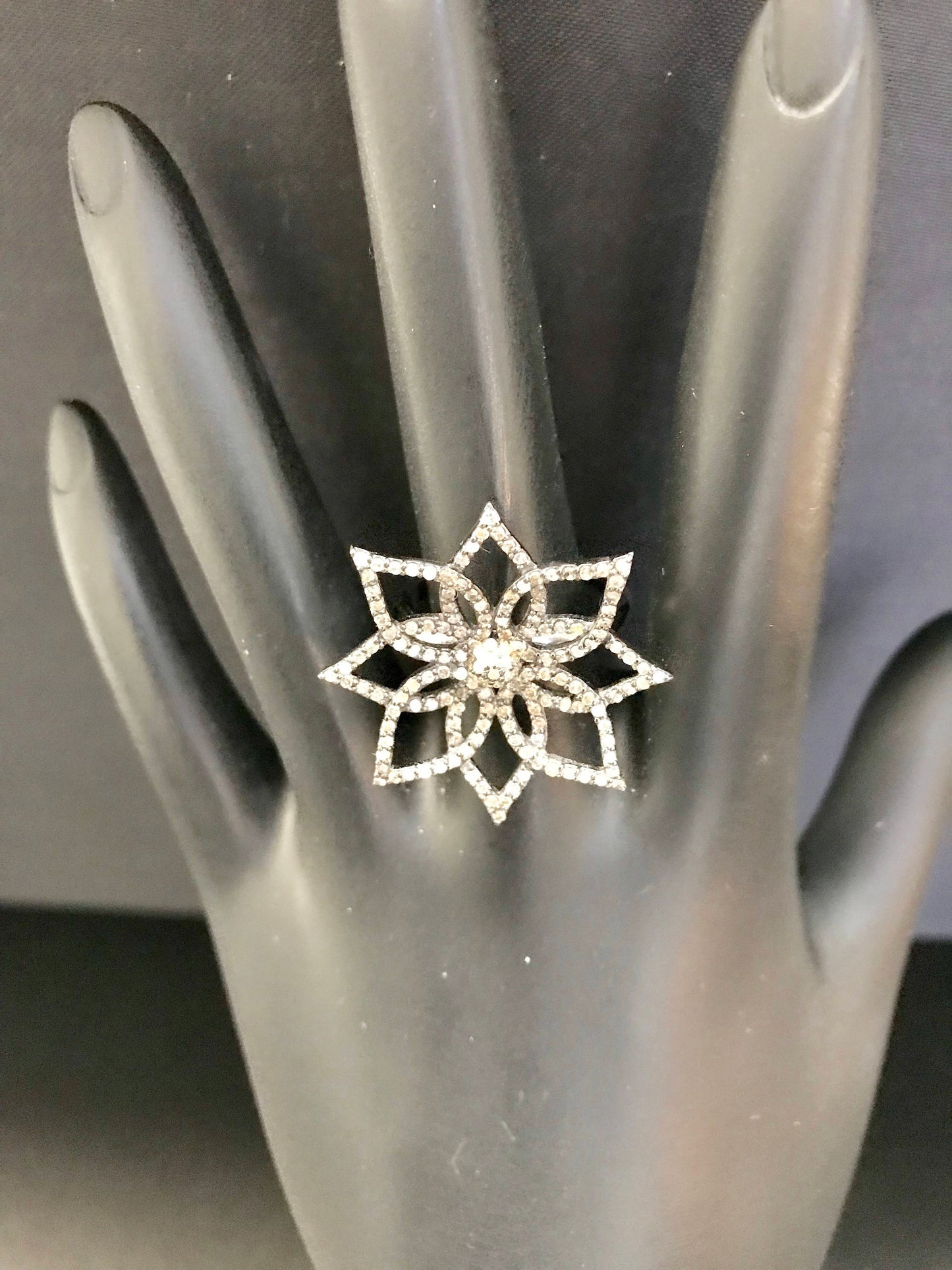 Flower Pave Diamond Ring .925 Oxidized Sterling Silver Diamond Ring, Genuine handmade pave diamond Ring Size Approx 1.08"(27 x 27 MM)