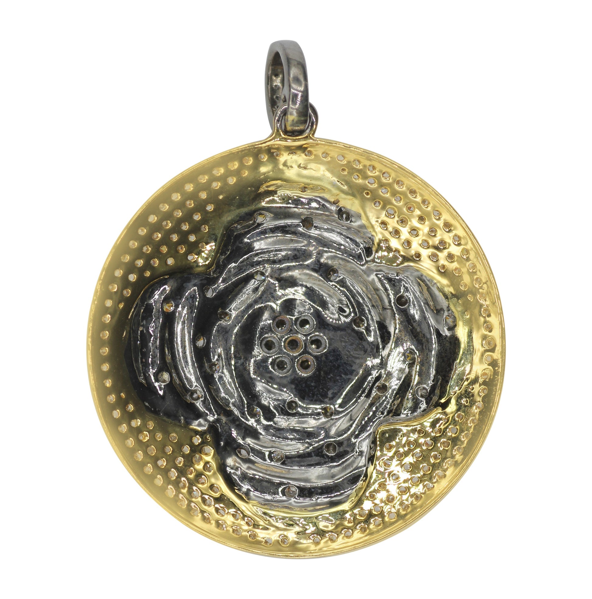 Round Shape 14K Gold & Silver Diamond Pendant .925 Oxidized Sterling Silver Diamond Pendant, Genuine handmade pave diamond Pendant.