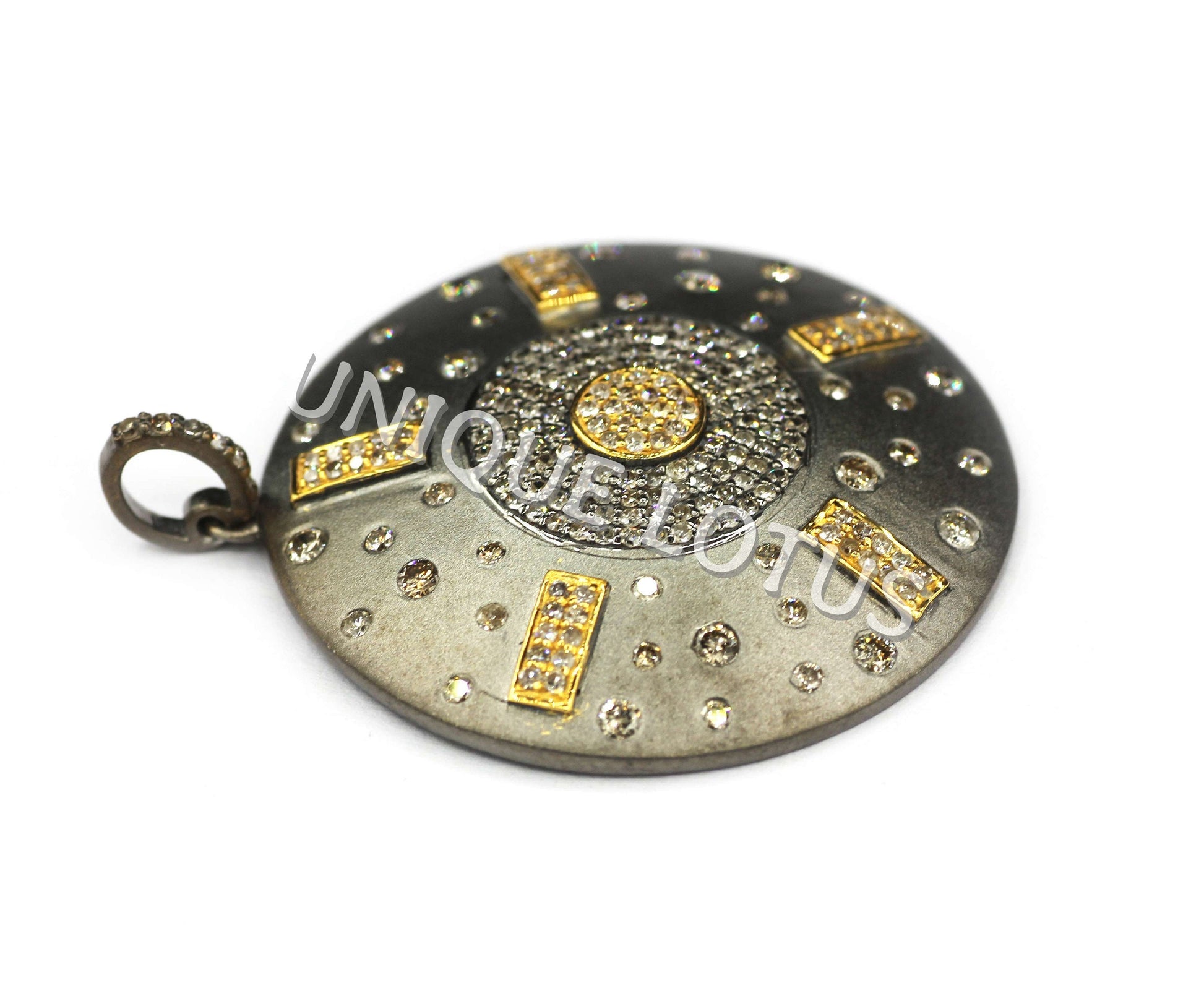 Round Shape 14K Gold & Silver Diamond Pendant .925 Oxidized Sterling Silver Diamond Pendant, Genuine handmade pave diamond Pendant.