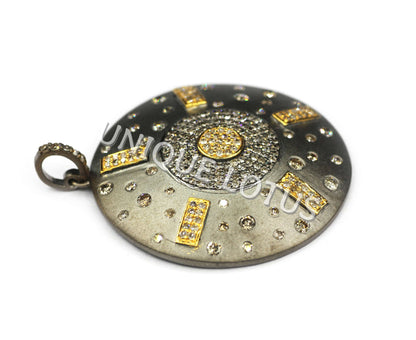 Round Shape 14K Gold & Silver Diamond Pendant .925 Oxidized Sterling Silver Diamond Pendant, Genuine handmade pave diamond Pendant.