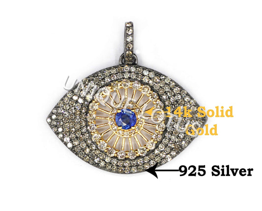 Evil Eye Shape 14K Gold & Silver Diamond Pendant .925 Oxidized Sterling Silver Diamond Pendant, Genuine handmade pave diamond Pendant.