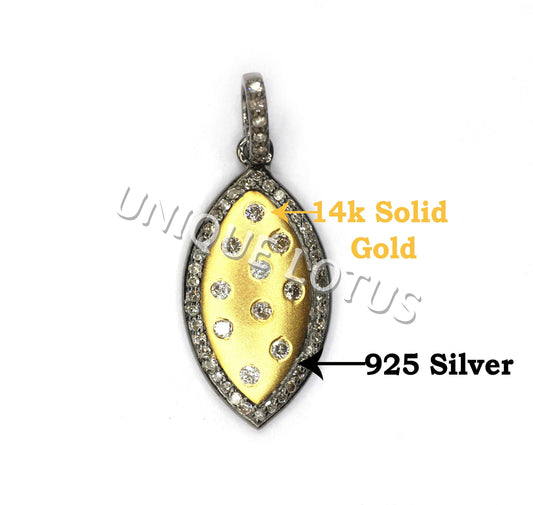 Marquise Shape 14K Gold & Silver Diamond Pendant .925 Oxidized Sterling Silver Diamond Pendant, Genuine handmade pave diamond Pendant.