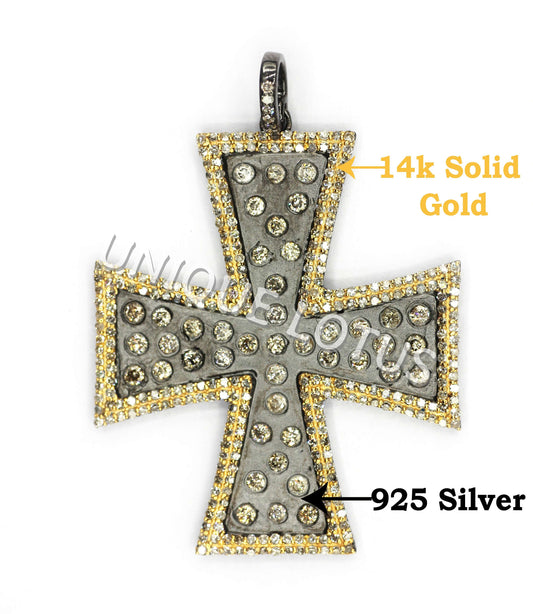 Cross Shape 14K Gold & Silver Diamond Pendant .925 Oxidized Sterling Silver Diamond Pendant, Genuine handmade pave diamond Pendant.
