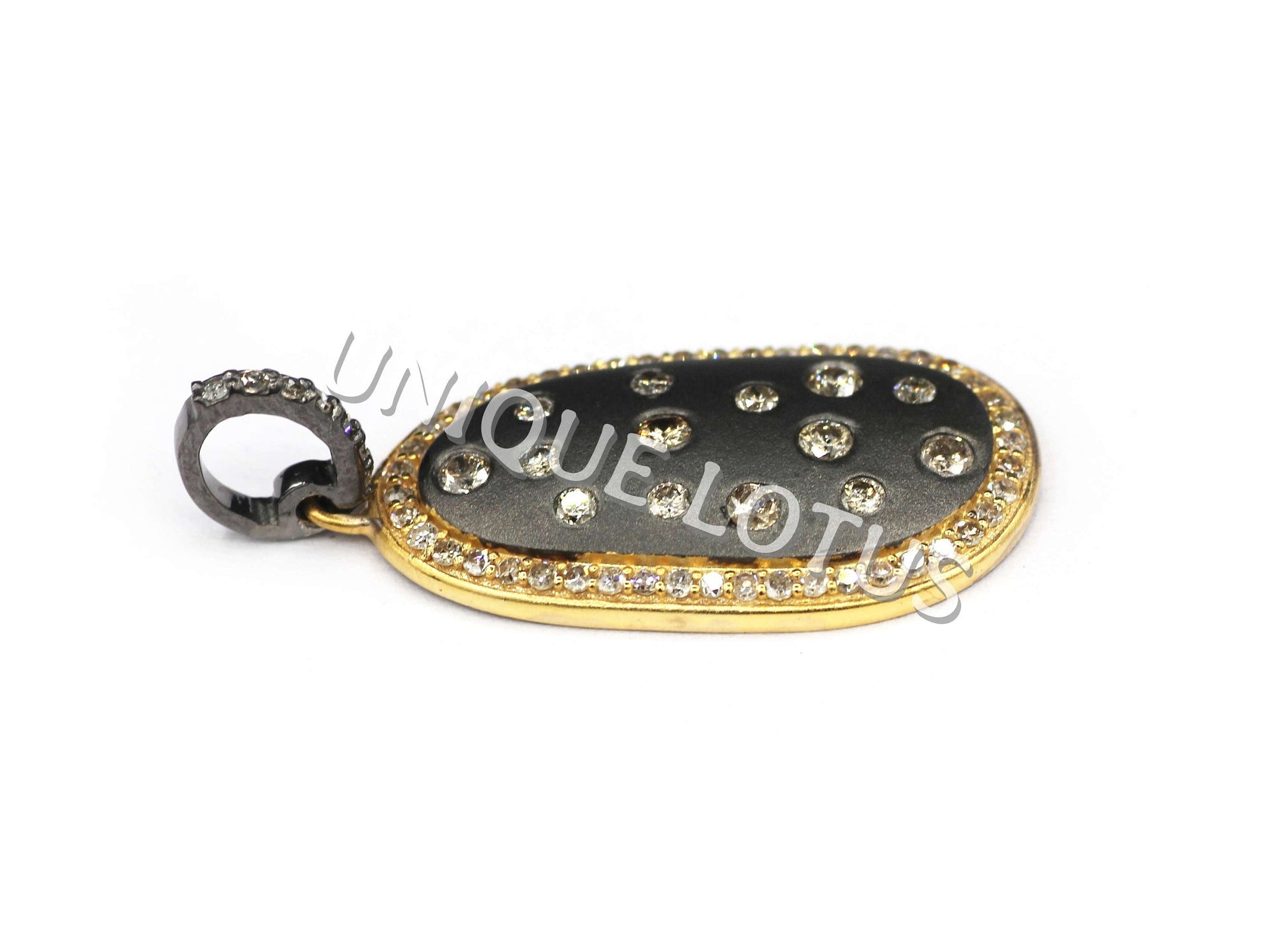 Oval Shape 14K Gold & Silver Diamond Pendant .925 Oxidized Sterling Silver Diamond Pendant, Genuine handmade pave diamond Pendant.