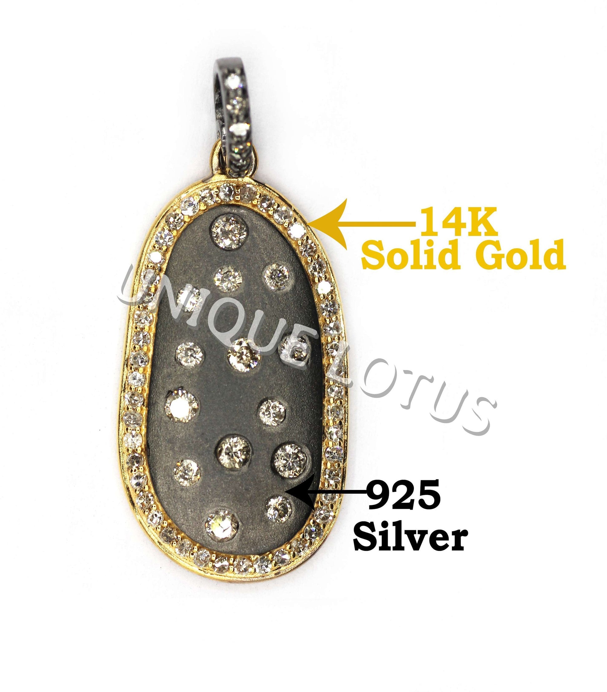Oval Shape 14K Gold & Silver Diamond Pendant .925 Oxidized Sterling Silver Diamond Pendant, Genuine handmade pave diamond Pendant.