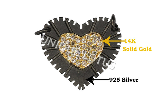 Heart Shape 14K Gold & Silver Diamond Pendant .925 Oxidized Sterling Silver Diamond Pendant, Genuine handmade pave diamond Pendant.