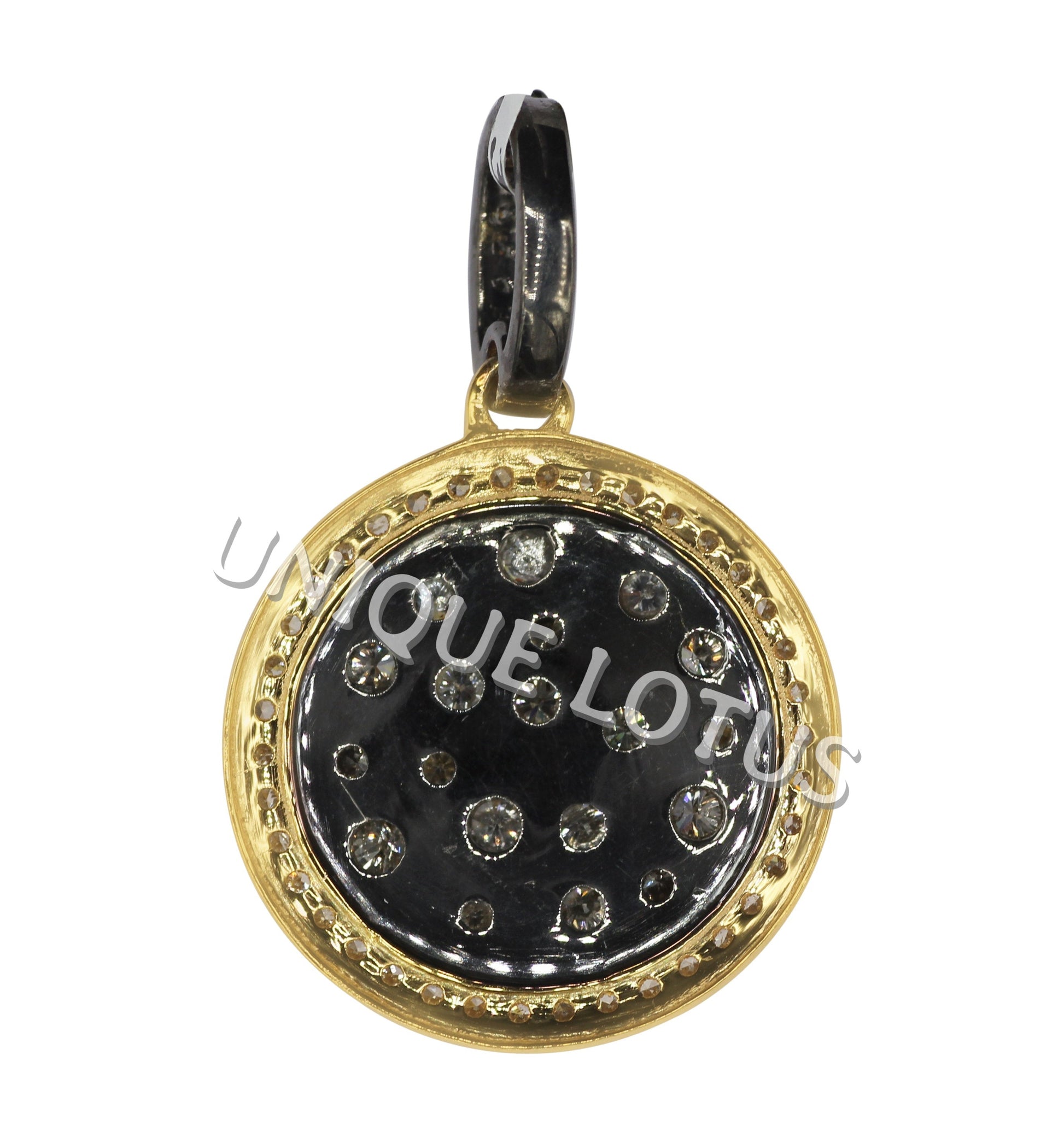 Round Shape 14K Gold & Silver Diamond Pendant .925 Oxidized Sterling Silver Diamond Pendant, Genuine handmade pave diamond Pendant.