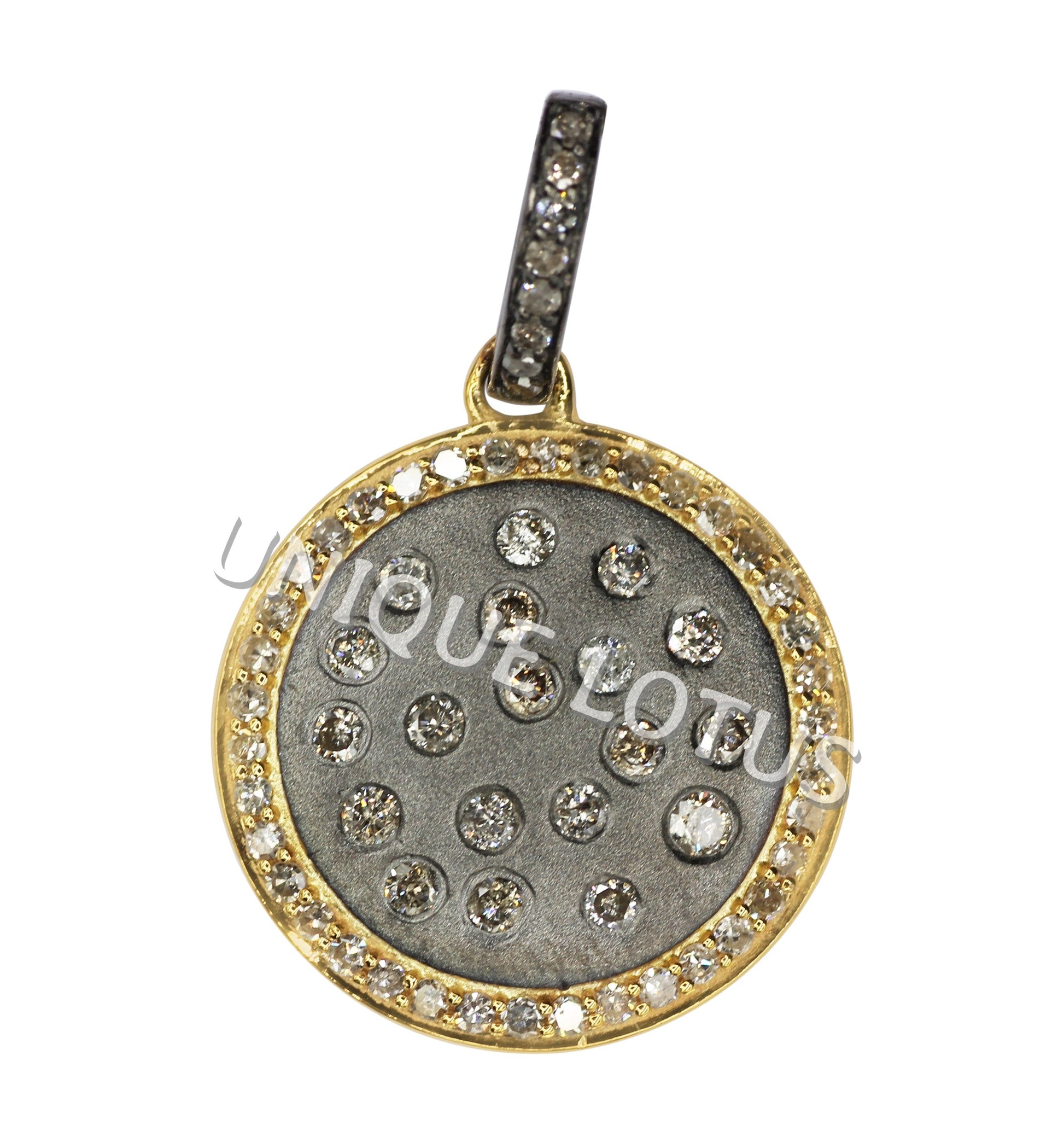 Round Shape 14K Gold & Silver Diamond Pendant .925 Oxidized Sterling Silver Diamond Pendant, Genuine handmade pave diamond Pendant.