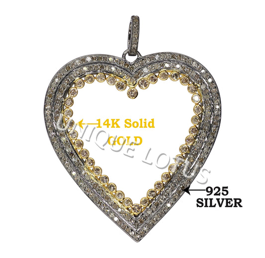 Heart Shape 14K Gold & Silver Diamond Pendant .925 Oxidized Sterling Silver Diamond Pendant, Genuine handmade pave diamond Pendant.