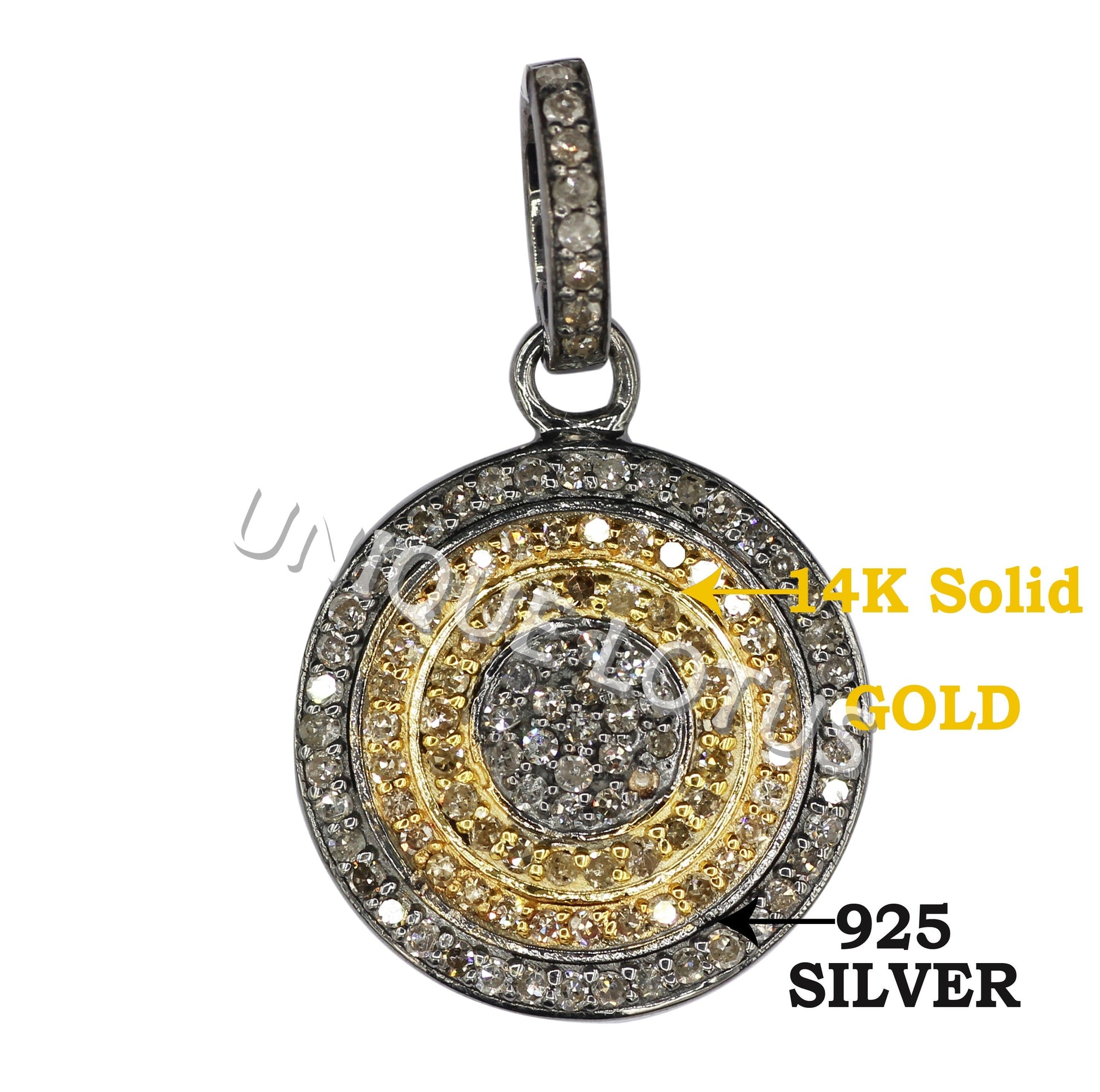 Round Shape 14K Gold & Silver Diamond Pendant .925 Oxidized Sterling Silver Diamond Pendant, Genuine handmade pave diamond Pendant.
