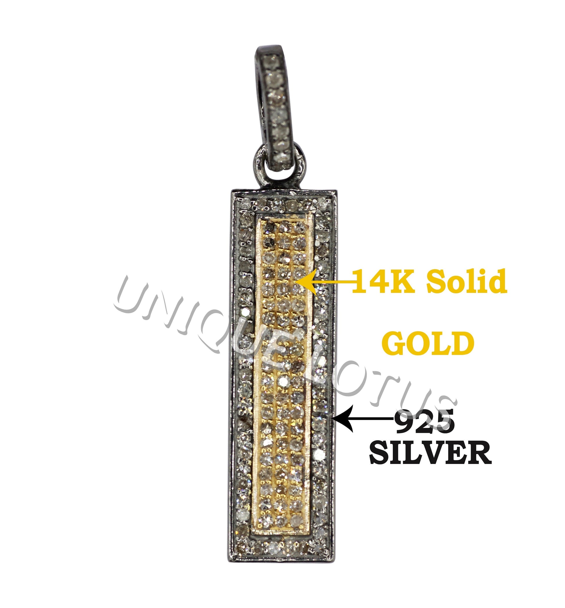 Rectangle Shape 14K Gold & Silver Diamond Pendant .925 Oxidized Sterling Silver Diamond Pendant, Genuine handmade pave diamond Pendant.