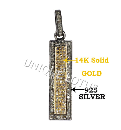 Rectangle Shape 14K Gold & Silver Diamond Pendant .925 Oxidized Sterling Silver Diamond Pendant, Genuine handmade pave diamond Pendant.