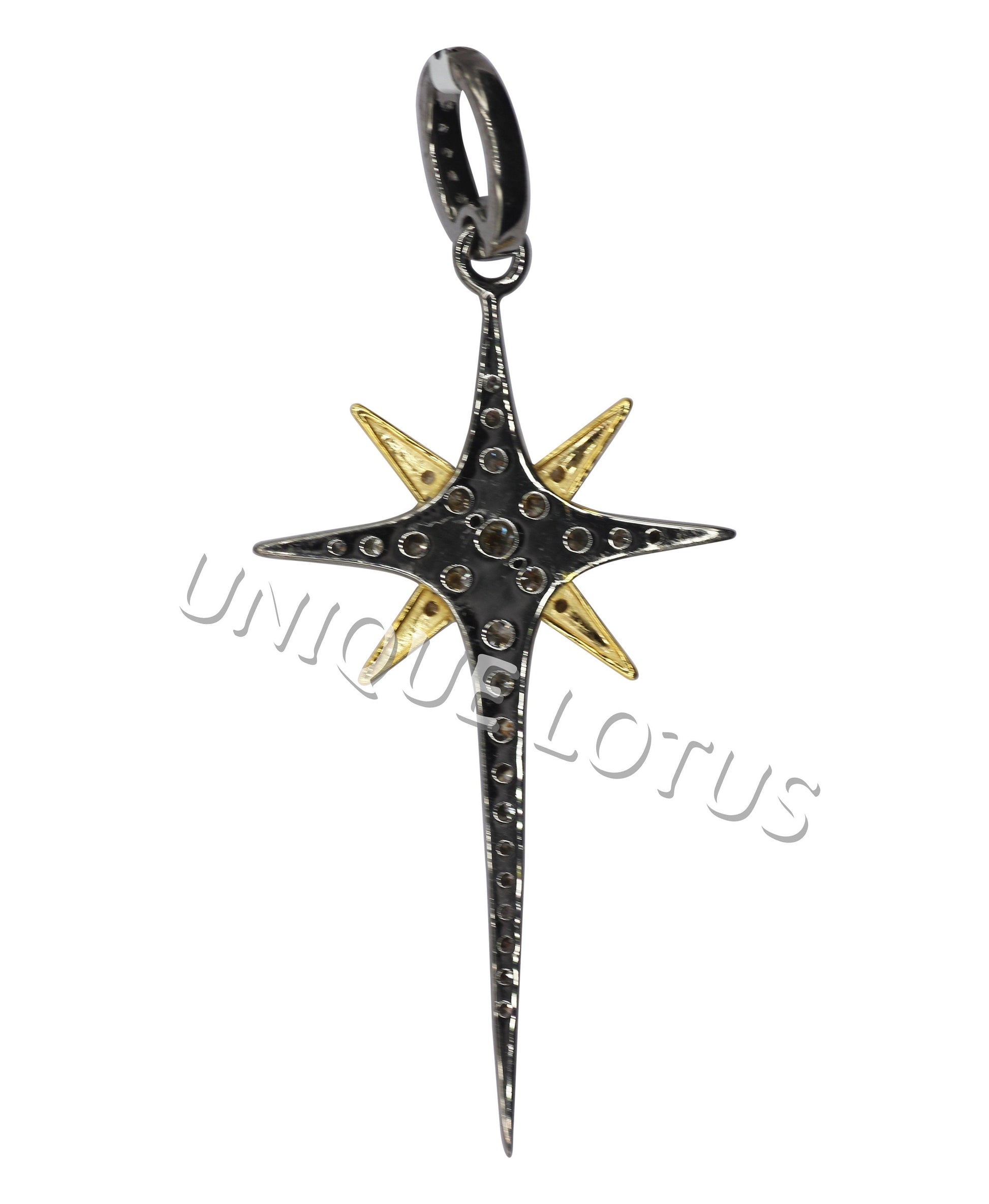 Star Shape 14K Gold & Silver Diamond Pendant .925 Oxidized Sterling Silver Diamond Pendant, Genuine handmade pave diamond Pendant.