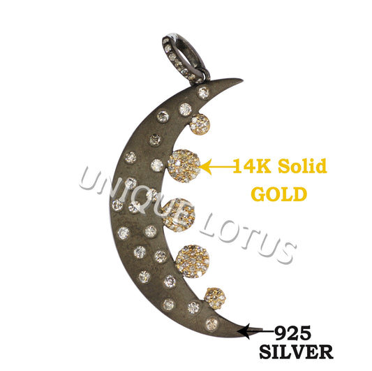Moon Shape 14K Gold & Silver Diamond Pendant .925 Oxidized Sterling Silver Diamond Pendant, Genuine handmade pave diamond Pendant.