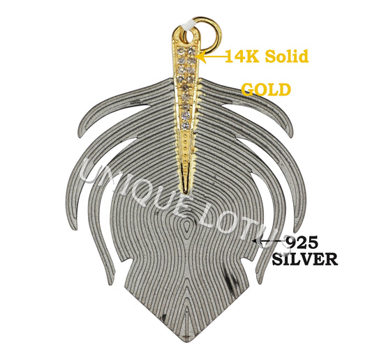 Art Deco Shape 14K Gold & Silver Diamond Pendant .925 Oxidized Sterling Silver Diamond Pendant, Genuine handmade pave diamond Pendant.