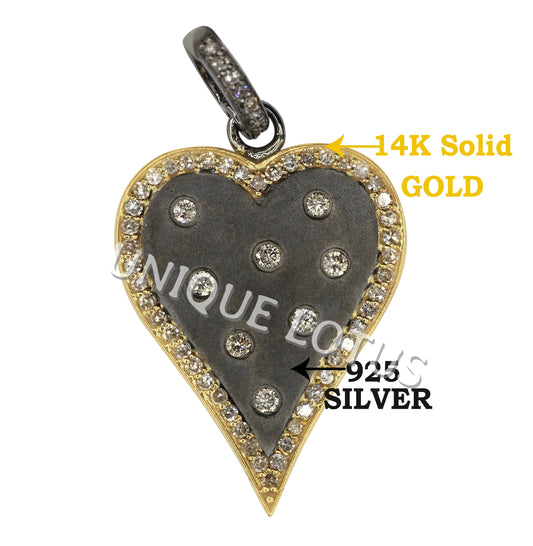 Heart Shape 14K Gold & Silver Diamond Pendant .925 Oxidized Sterling Silver Diamond Pendant, Genuine handmade pave diamond Pendant.