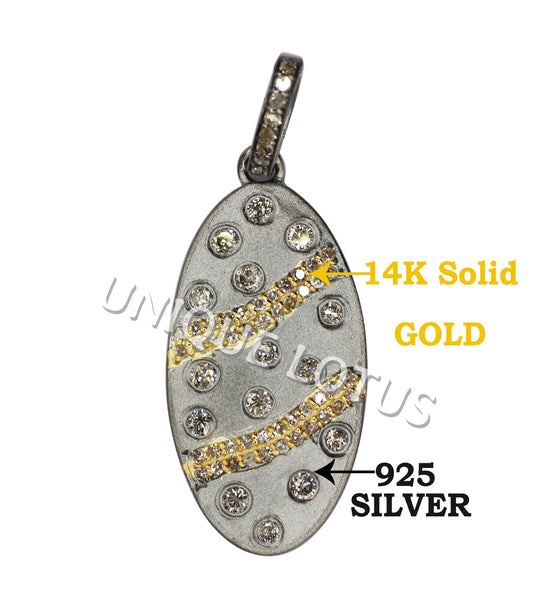 Oval Shape 14K Gold & Silver Diamond Pendant .925 Oxidized Sterling Silver Diamond Pendant, Genuine handmade pave diamond Pendant.
