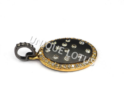 Oval Shape 14K Gold & Silver Diamond Pendant .925 Oxidized Sterling Silver Diamond Pendant, Genuine handmade pave diamond Pendant.