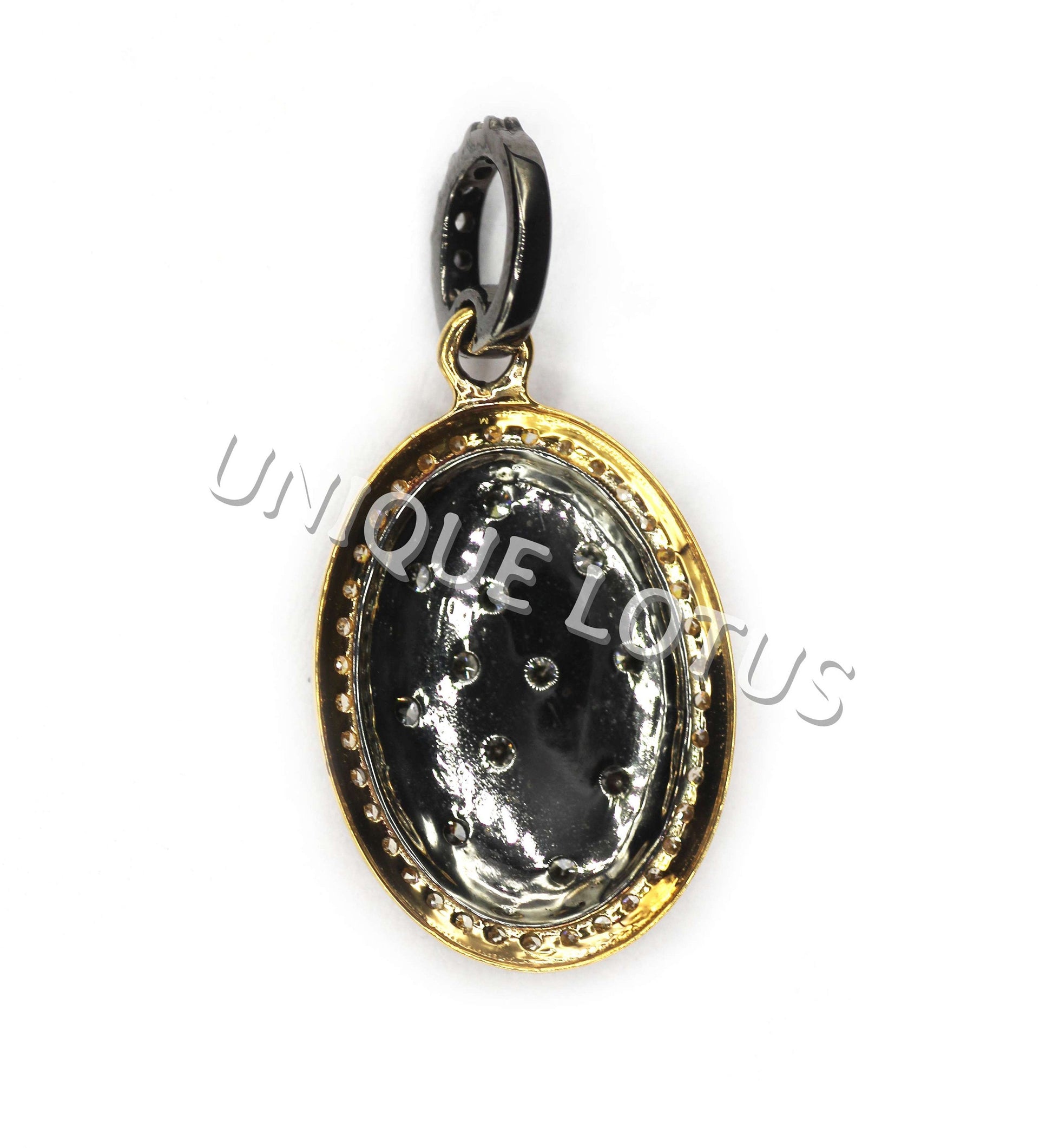 Oval Shape 14K Gold & Silver Diamond Pendant .925 Oxidized Sterling Silver Diamond Pendant, Genuine handmade pave diamond Pendant.