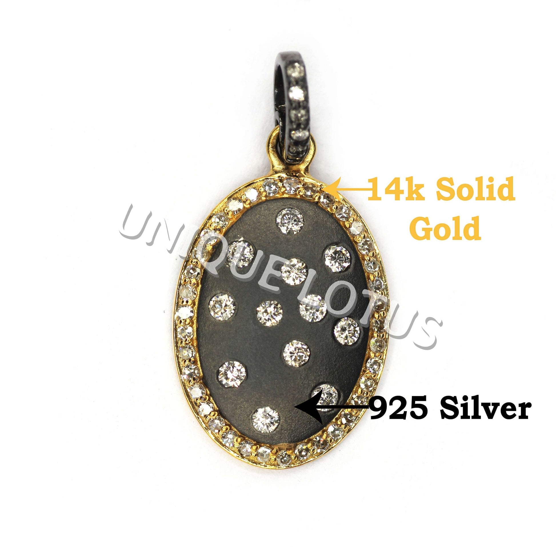 Oval Shape 14K Gold & Silver Diamond Pendant .925 Oxidized Sterling Silver Diamond Pendant, Genuine handmade pave diamond Pendant.