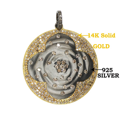 Round Shape 14K Gold & Silver Diamond Pendant .925 Oxidized Sterling Silver Diamond Pendant, Genuine handmade pave diamond Pendant.