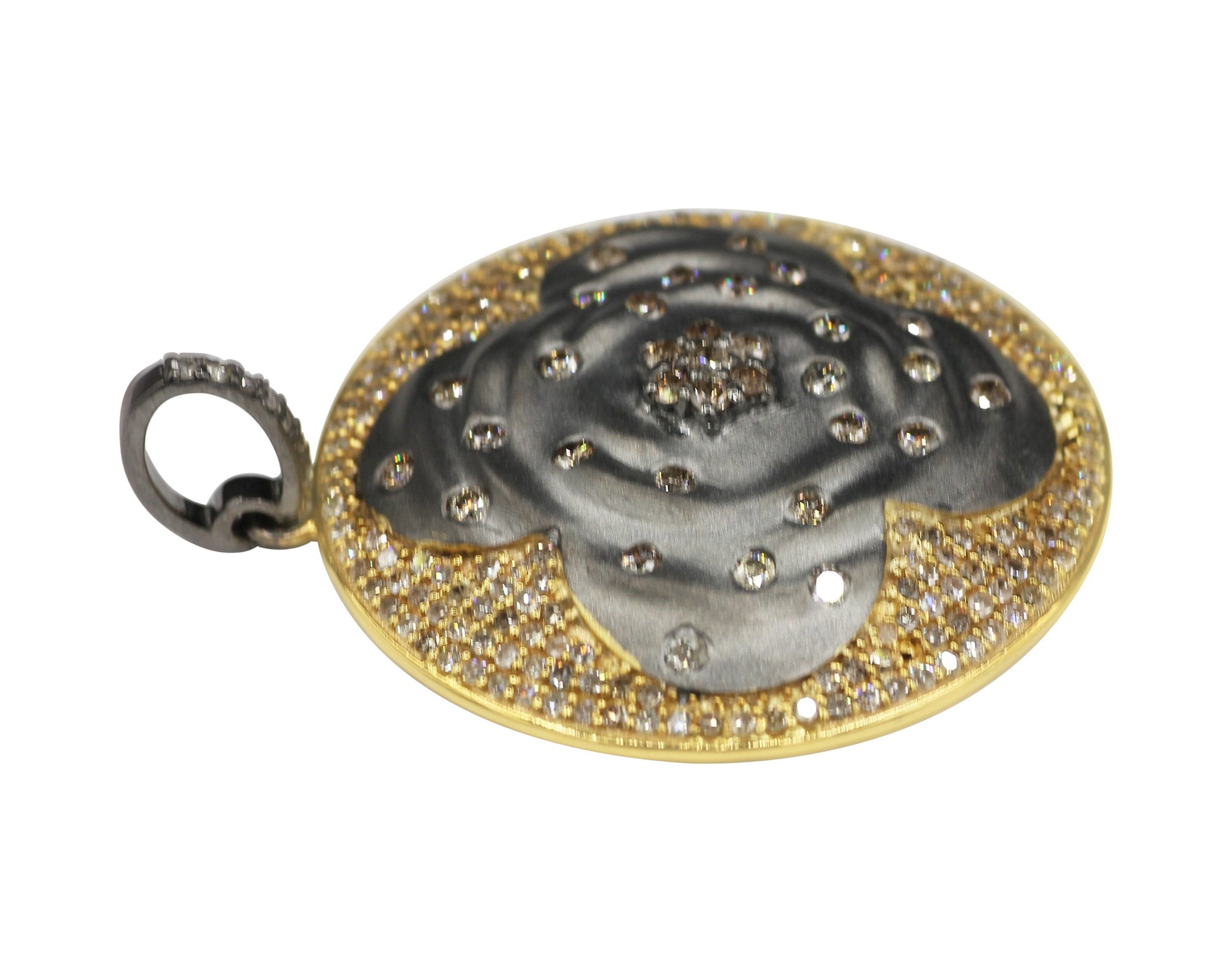 Round Shape 14K Gold & Silver Diamond Pendant .925 Oxidized Sterling Silver Diamond Pendant, Genuine handmade pave diamond Pendant.