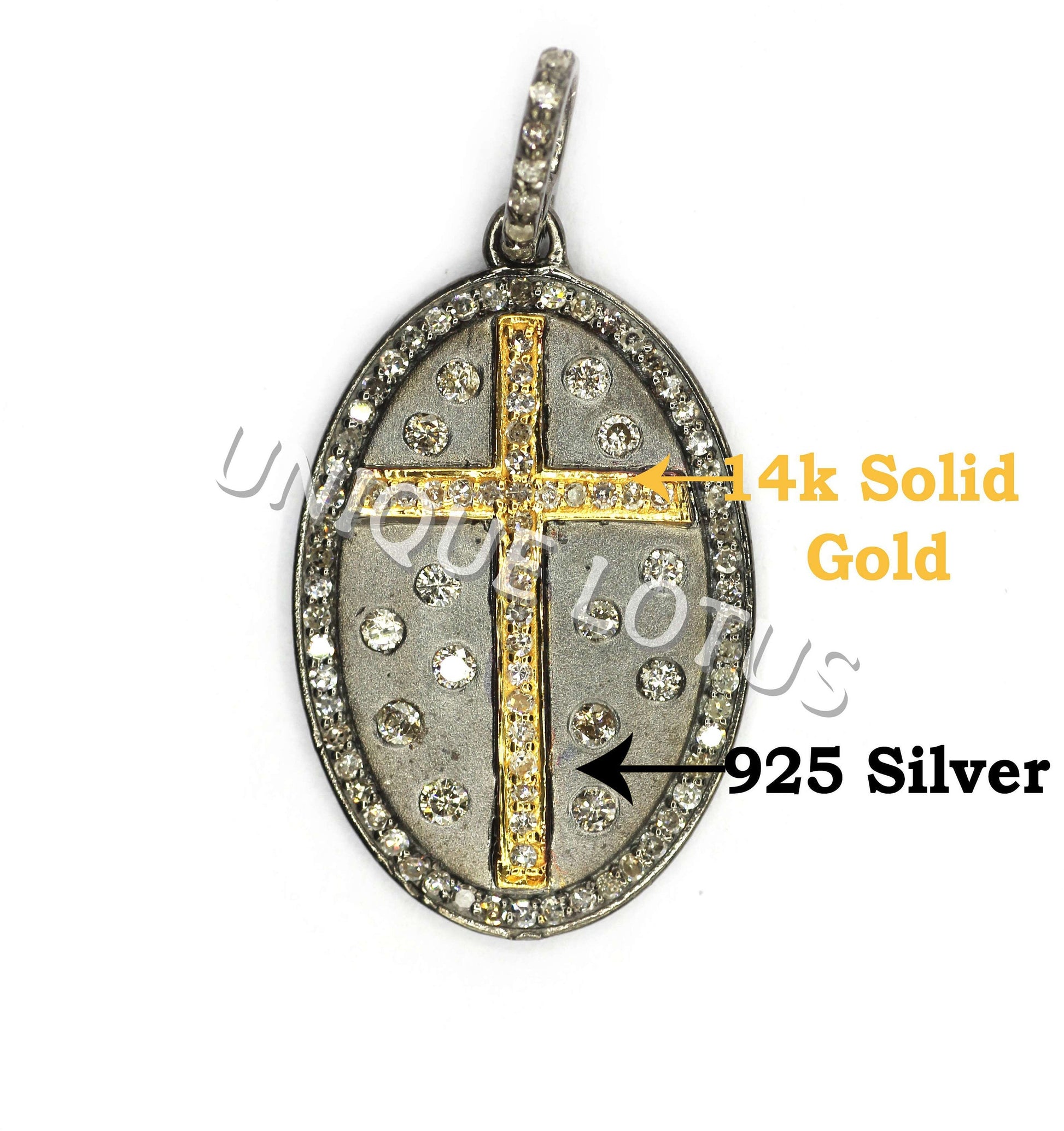 Oval Shape 14K Gold & Silver Diamond Pendant .925 Oxidized Sterling Silver Diamond Pendant, Genuine handmade pave diamond Pendant.