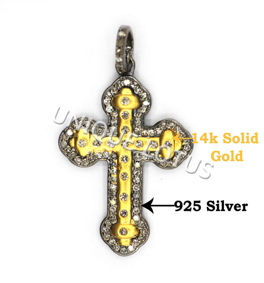 Cross Shape 14K Gold & Silver Diamond Pendant .925 Oxidized Sterling Silver Diamond Pendant, Genuine handmade pave diamond Pendant.