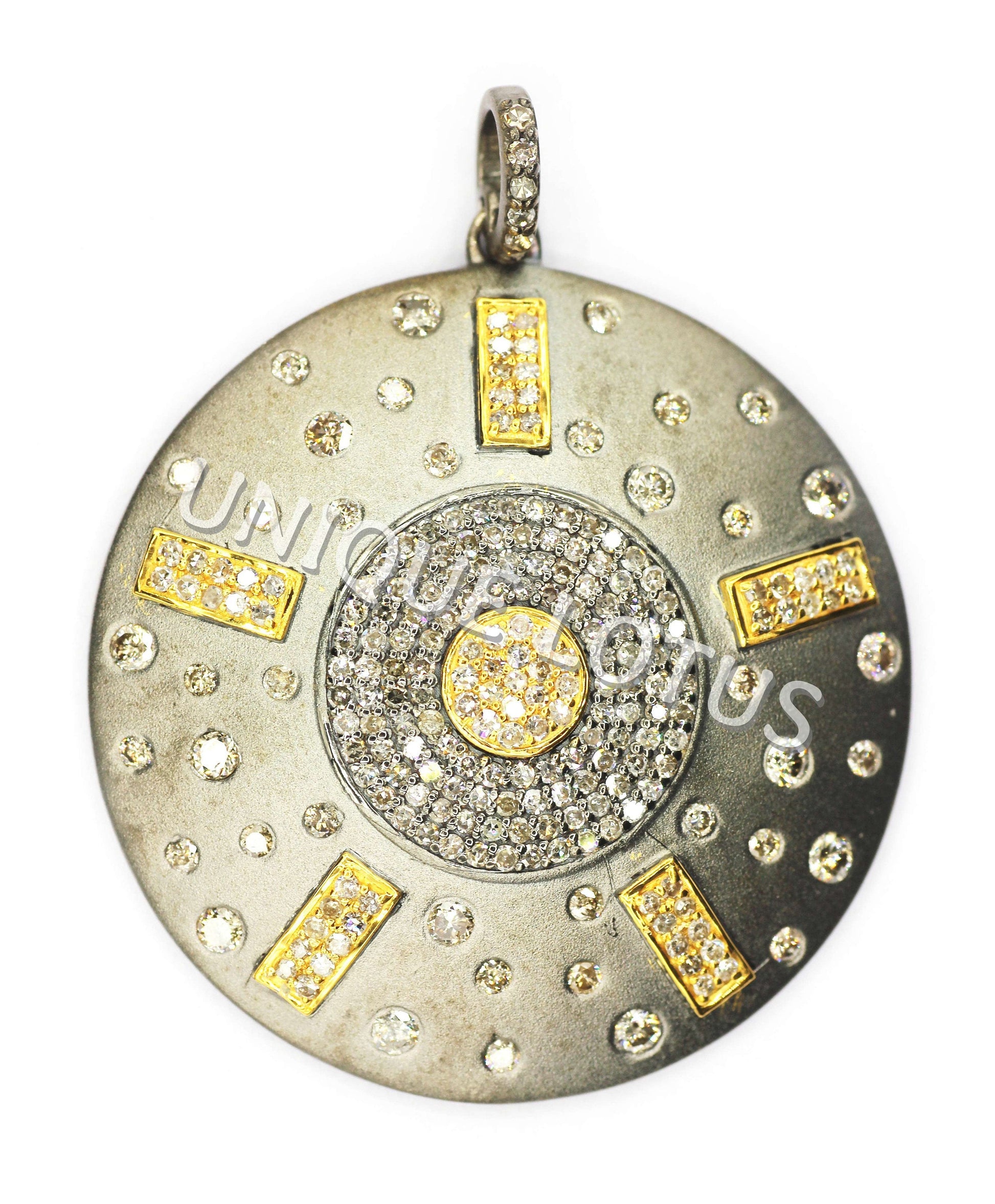 Round Shape 14K Gold & Silver Diamond Pendant .925 Oxidized Sterling Silver Diamond Pendant, Genuine handmade pave diamond Pendant.