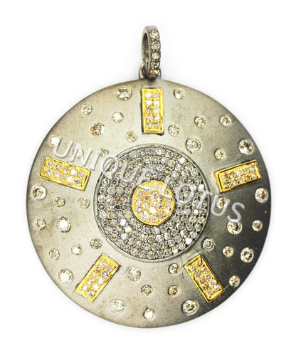 Round Shape 14K Gold & Silver Diamond Pendant .925 Oxidized Sterling Silver Diamond Pendant, Genuine handmade pave diamond Pendant.
