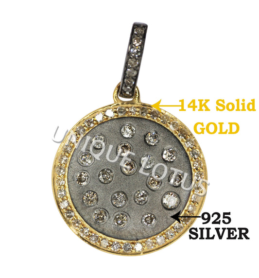 Round Shape 14K Gold & Silver Diamond Pendant .925 Oxidized Sterling Silver Diamond Pendant, Genuine handmade pave diamond Pendant.