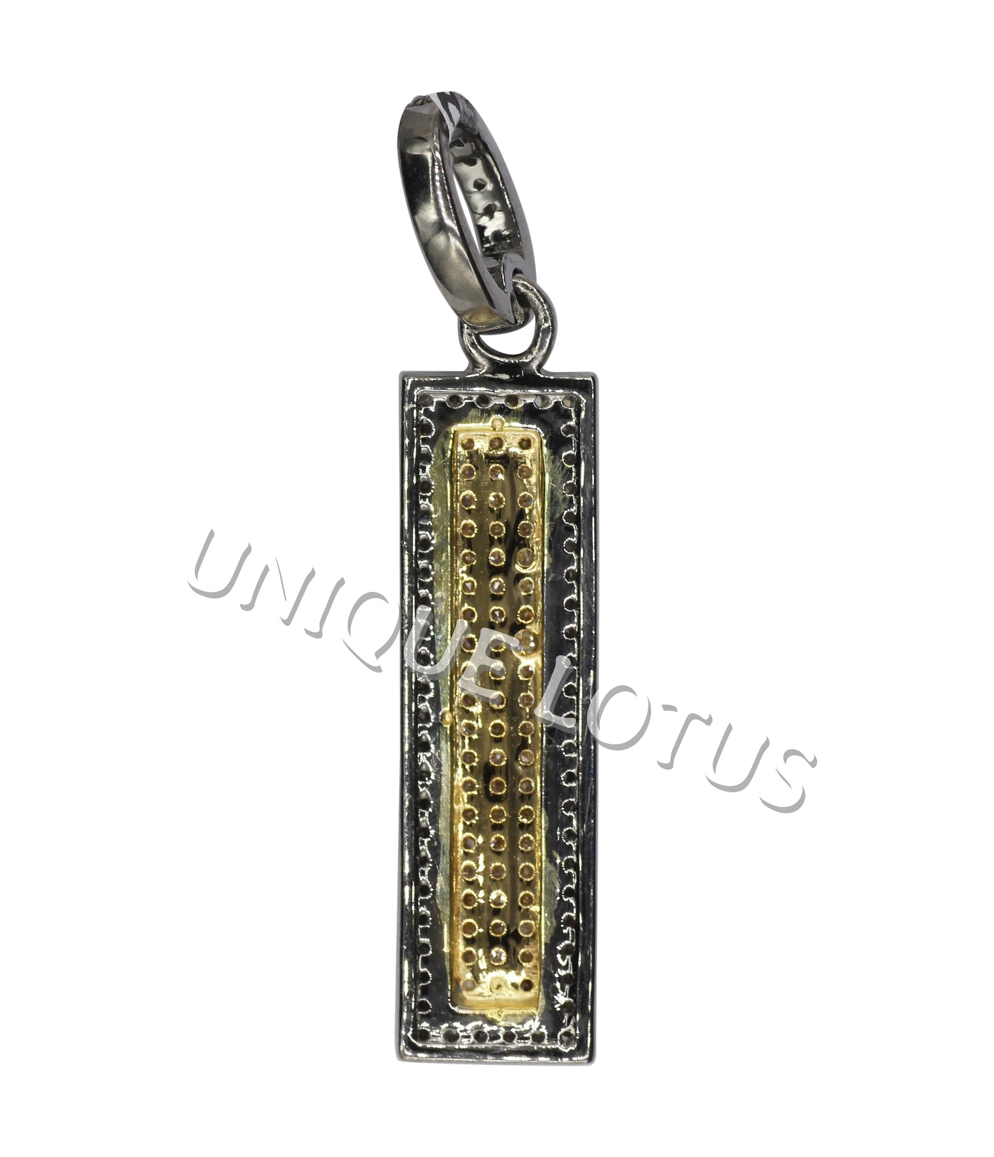 Rectangle Shape 14K Gold & Silver Diamond Pendant .925 Oxidized Sterling Silver Diamond Pendant, Genuine handmade pave diamond Pendant.