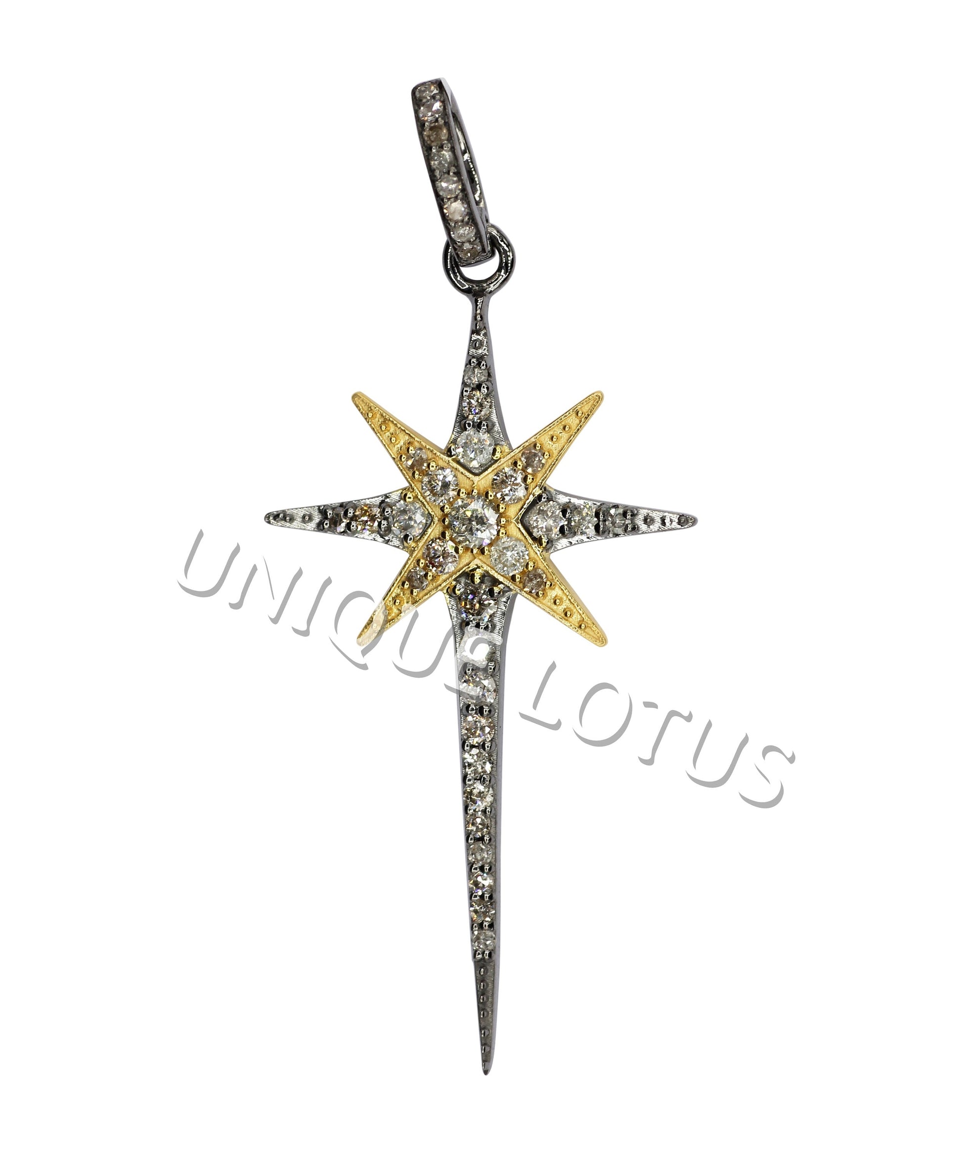 Star Shape 14K Gold & Silver Diamond Pendant .925 Oxidized Sterling Silver Diamond Pendant, Genuine handmade pave diamond Pendant.