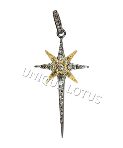 Star Shape 14K Gold & Silver Diamond Pendant .925 Oxidized Sterling Silver Diamond Pendant, Genuine handmade pave diamond Pendant.
