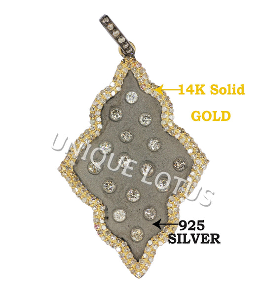 Art Deco Shape 14K Gold & Silver Diamond Pendant .925 Oxidized Sterling Silver Diamond Pendant, Genuine handmade pave diamond Pendant.
