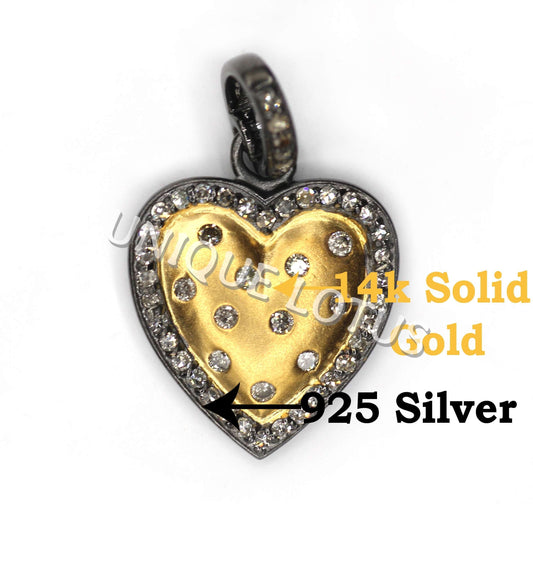 Heart Shape 14K Gold & Silver Diamond Pendant .925 Oxidized Sterling Silver Diamond Pendant, Genuine handmade pave diamond Pendant.
