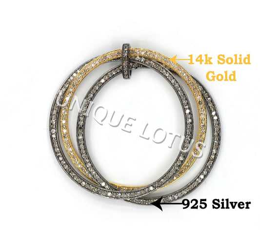 Round Shape 14K Gold & Silver Diamond Pendant .925 Oxidized Sterling Silver Diamond Pendant, Genuine handmade pave diamond Pendant.