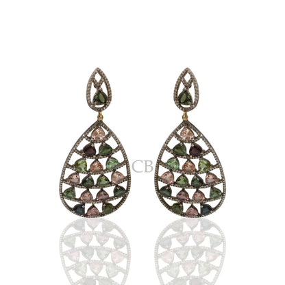 Diamond and Silver Multi Tourmaline Black Rhodium Finish Earrings