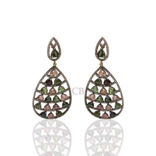 Diamond and Silver Multi Tourmaline Black Rhodium Finish Earrings