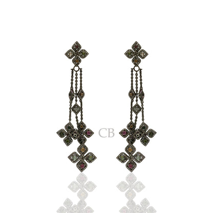 Diamond and Silver Multi Tourmaline Black Rhodium Finish Earring