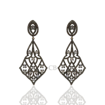 Diamond and Silver White Rainbow Moon Stone Black Rhodium Finish Earrings