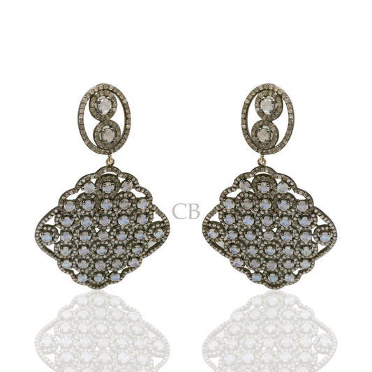Rainbow MoonStone and Diamond Earring