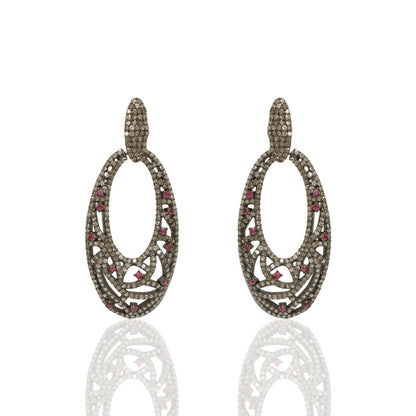 Diamond and Silver Ruby Black Rhodium Finish Earrings