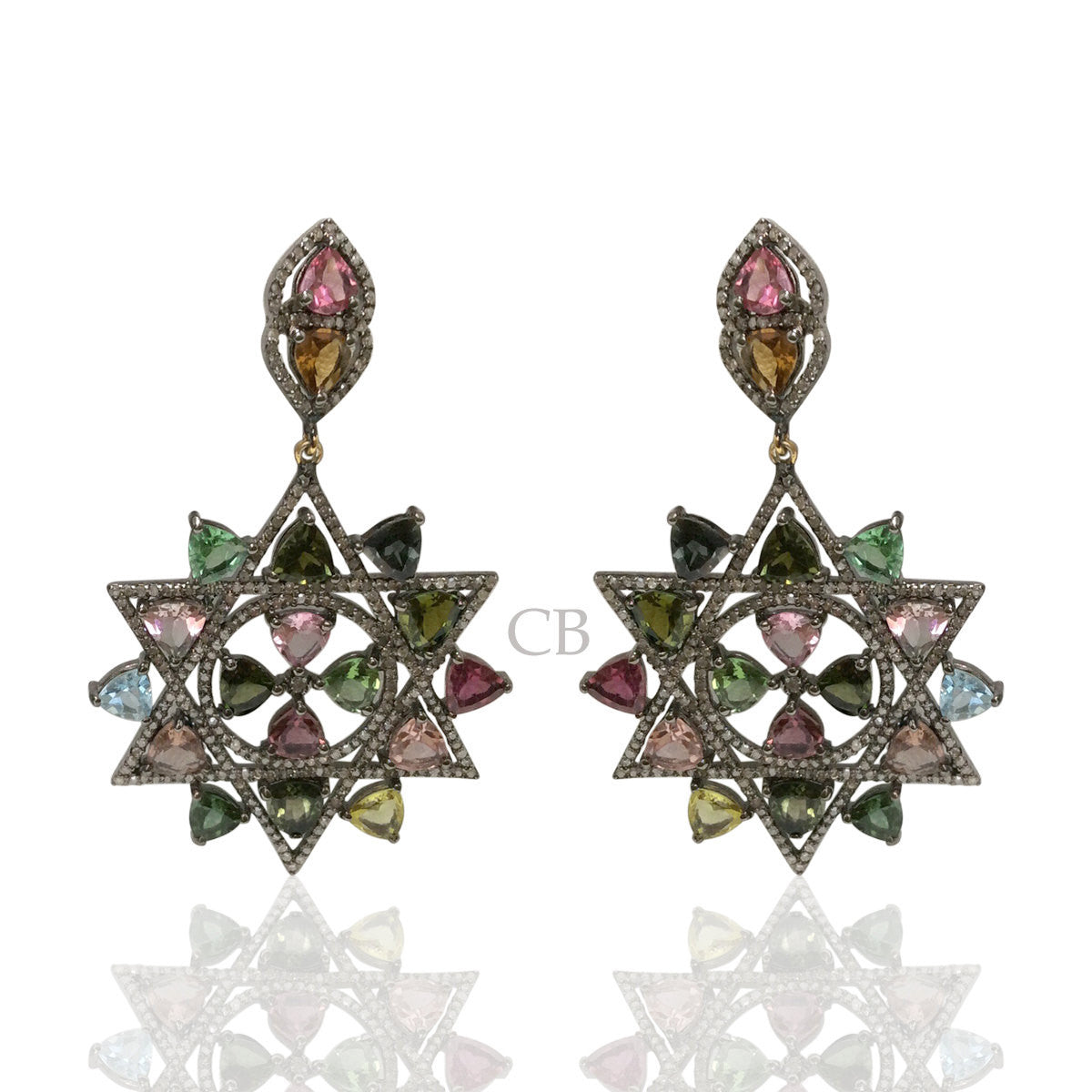 Diamond and Multi Tourmaline Silver Earrings