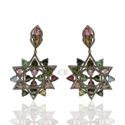 Diamond and Multi Tourmaline Silver Earrings