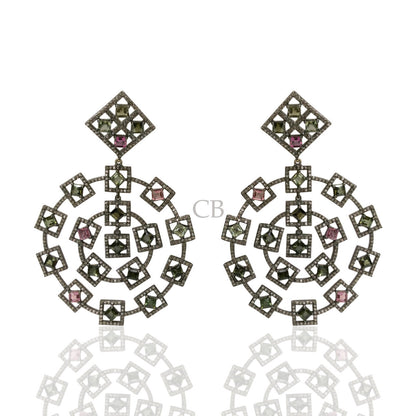 Diamond and Silver Multi Tourmaline Black Rhodium Finish Earrings